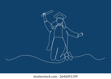 Happy female student celebrating graduation isolated line drawing. Graduation concept hand-drawn illustration.