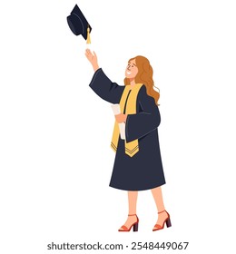 Happy female student character celebrating graduation Bachelor graduate dressed in gown throwing up her cap rejoicing at finishing studies Girl smiling celebrating new chapter Vector flat illustration