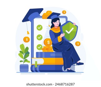 A Happy Female Student Gets Education Insurance Coverage. A College Girl Sits on a Pile of Books While Holding a Shield With Check Mark. Education Insurance Illustration