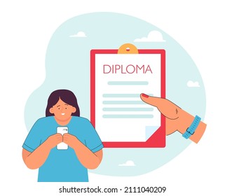 Happy Female Student Getting Diploma. Girl Checking Exam Results On Phone, Giant Hand Holding Certificate Flat Vector Illustration. Online Education, Graduation Concept For Banner Or Landing Web Page