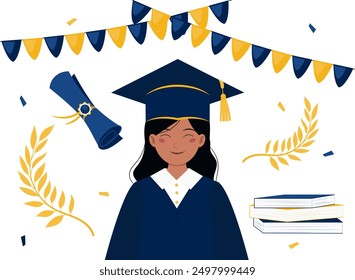 Happy female student with graduation attributes. Diploma, cap with tassel, laurel branches, flags garland and confetti. Design elements for background, card, poster, scrapbooking, advertising, flyer.