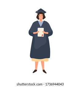 Happy female student holding diploma vector flat illustration. Smiling woman wearing robe and cap isolated on white background. Joyful graduated person demonstrating certificate