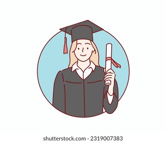 Happy female student holding diploma vector flat illustration. graduated woman holding degree.  Hand drawn style vector design illustrations.