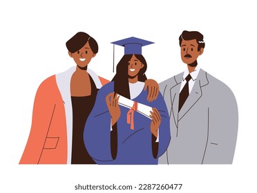 Happy female student in robe, academic hat celebrating graduation standing together with mom and dad