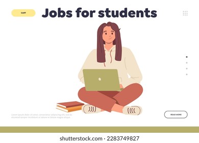 Happy female student studying online or working remotely on laptop landing page design template