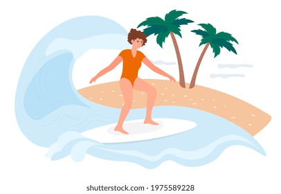 Happy female surfer is surfing on board on a summer vacation. Young woman is surfing huge waves alone on wild island. Concept of summer outdoor activity for everyone. Flat cartoon vector illustration