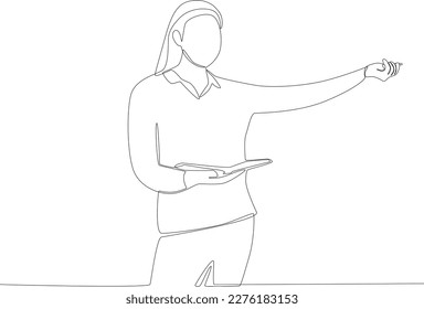 A happy female teacher giving a lesson. Teacher's day one line drawing