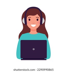 Happy female teacher with headphones working on laptop flat vector illustration