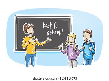 Happy female teacher, standing in front of school blackboard and welcoming the kids back to school. Hand drawn line art cartoon vector illustration.