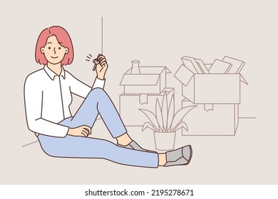 Happy female tenant sit on floor in own apartment holding keys in hands. Smiling woman celebrate moving to new house or flat. Rental and realty. Vector illustration. 