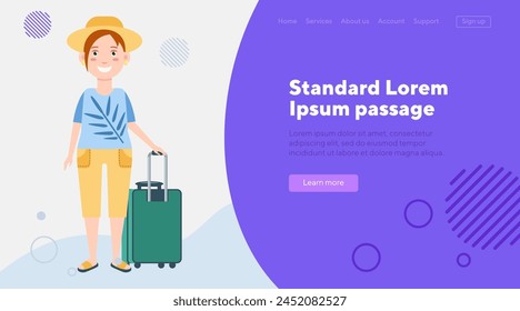 Happy female tourist with luggage. Middle-aged woman in sun hat, T-shirt and shorts. Vector illustration. Tourism, travel, vacation, journey concept for web design, banner of landing page