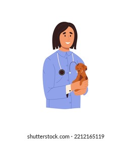 Happy female veterinarian doctor holding a small puppy dog. Vet clinic nurse with little pet. Medicine, veterinary, examination concept. Color flat vector illustration isolated on white background