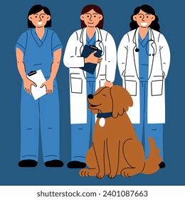 Felices veterinarias con un perro. Ilustración vectorial del cuidado animal. Estilo plano. Un doctor, una enfermera con uniforme y un vestido médico con un perro en azul. Día Internacional de los Veterinarios