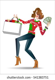 Happy female wearing ugly christmas sweater is  holding shopping bag of gifts, displaying money she saved. 