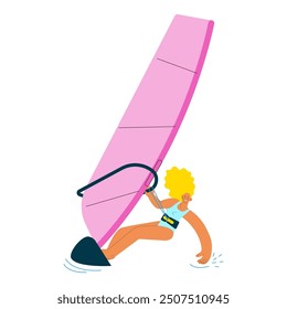 Happy female windsurfing, standing on a sail board. Outdoor water sport activities. Modern flat vector illustration.