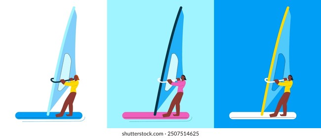 Happy female windsurfing, standing on a sail board. Outdoor water sport activities. Color sets. Modern flat vector illustration.