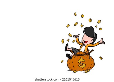 Happy female worker bathing on gold coin. Concept of big bonus salary and sucessful career. Drawing vector illustration design.
