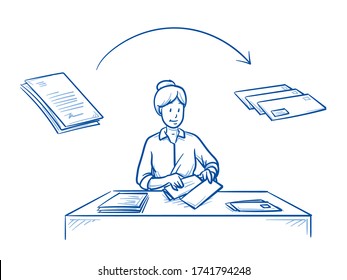 Happy female worker, folding and enveloping letters. Hand made packaging service. Hand drawn line art cartoon vector illustration.