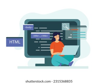 Happy female working as developer. IT specialist doing work tasks. Young people writing computer codes. Software engineering process. Office workers lifestyle. Vector