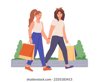 Happy females going outside, walking after shopping. Vector characters having good time with friends. Meetings, shopping together. Flat vector illustration in cartoon style