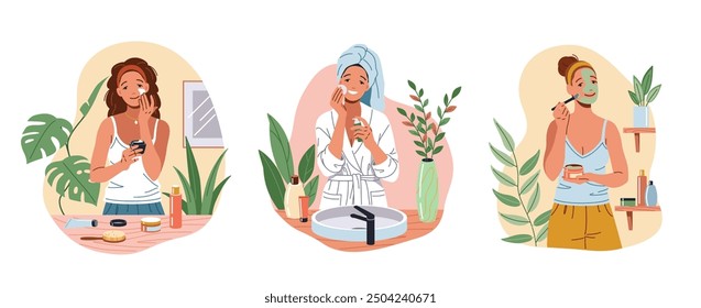 Happy females using skincare cosmetics after taking bath flat color vector icon set. Women doing beauty care procedures at home illustration pack on white