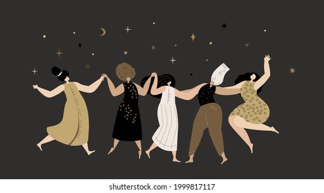 Feliz Festival Femenino Feminine Party Woman. Mujeres bailando juntas en un círculo femenino. Danza ritual juntos. Esotética Poder de mujer sagrada. Feminine, Fest Nocturno De Empoderamiento Femenino. Ilustración del vector plano volante