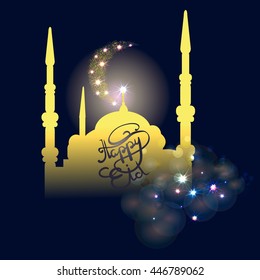 Happy fest Eid, Ramadan. Glowing shape of moon behind the mosque and hand lettering. Vector illustration.