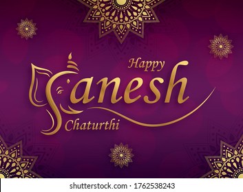 Happy festival of Ganesh Chaturthi with gold lord Ganesha illustration with indian elements on paper color background