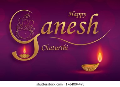 Happy festival of Ganesh Chaturthi with gold lord Ganesha illustration with indian elements on paper color background