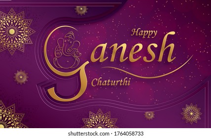 Happy festival of Ganesh Chaturthi with gold lord Ganesha illustration with indian elements on paper color background