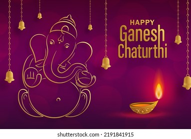 Feliz festival de Ganesh Chaturthi con la ilustración del señor oro Ganesha con elementos indios sobre el fondo del papel