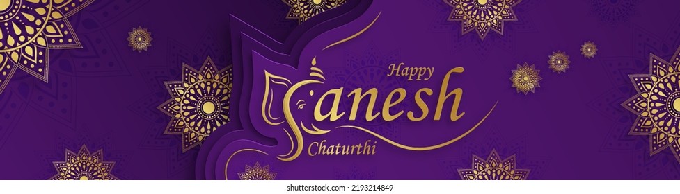 Happy festival of Ganesh Chaturthi with gold lord Ganesha illustration with Indian elements on paper color background