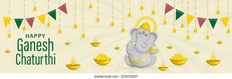 Happy festival of Ganesh Chaturthi with gold lord Ganesha illustration with Indian elements on paper color background