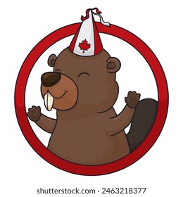 Happy and festive beaver wearing party hat with Canada design inside round frame in cartoon style.