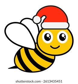 Happy festive bee character. Cute honey bee with Santa hat. Merry Christmas concept. Vector illustration isolated on white. 