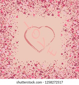 Happy festive design for Valentine's day. Glitter pink confetti on a pink background with a white frame, border. With the inscription love.