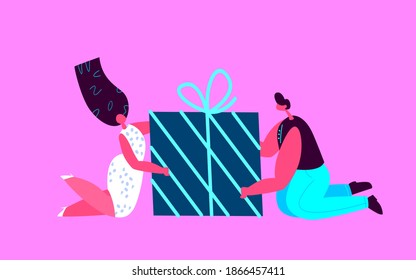 Happy Festive Woman,Man Friends,Loving Romantic Couple Giving Present for Christmas New Year Holidays.Birthday People Holding Gift Boxes.Congratulation Celebration Shopping.Purchases Flat Illustration