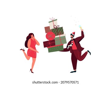 Happy Festive Woman,Man Friends,Loving Romantic Couple Giving Present for Christmas New Year Holidays.People Santa Hat Holding Gifts Boxes. Xmas Celebration Shopping.Purchases Flat Vector Illustration