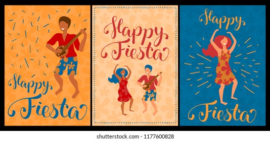 Happy Fiesta set of vector cards with dancing couple and lettering. Latina dance poster collection. Banjo player and dancer in red dress. Flat style greeting card design. Traditional spanish festival