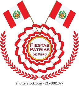 Happy Fiestas Patrias Peru Spanish badge with flags for National Holiday Peru. Peruvian republic holiday poster, lettering and watercolor flag. Independence day in Spain vector icon symbol logo