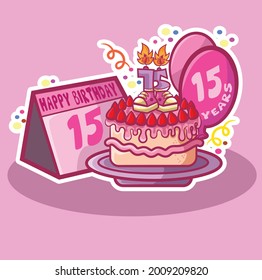 Happy fifteenth birthday card. Congratulations on your fifteenth birthday, much happiness,cake, balloons, fifteenth birthday candle, tennis candle.Teen birthday party.