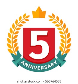 Happy fifth birthday badge vector icon.