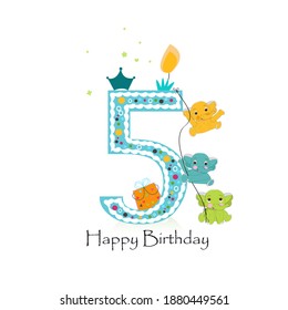 Happy fifth birthday candle with elephants baby boy greeting card vector