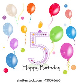 Happy fifth birthday candle vector with colorful confetti and balloons vector illustration