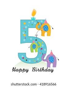 Happy fifth birthday with elephants baby boy greeting card vector