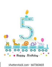 Happy fifth birthday greeting card. Birthday train with animals