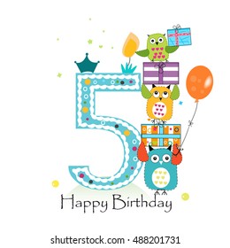 Happy fifth birthday with owls and gift box. Baby boy birthday greeting card vector illustration