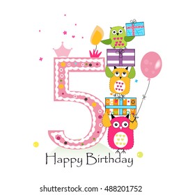 Happy fifth birthday with owls and gift box. Baby girl birthday greeting card vector illustration