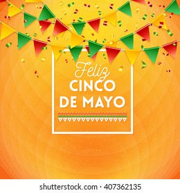 Happy Fifth May Mexican card or poster design with colorful flag bunting and framed text over an abstract vivid orange background with copy space