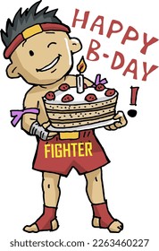 Happy Fighter congratulates on birthday holding a large cake in his hands. A burning candle on the cake. Fector illustration EPS10